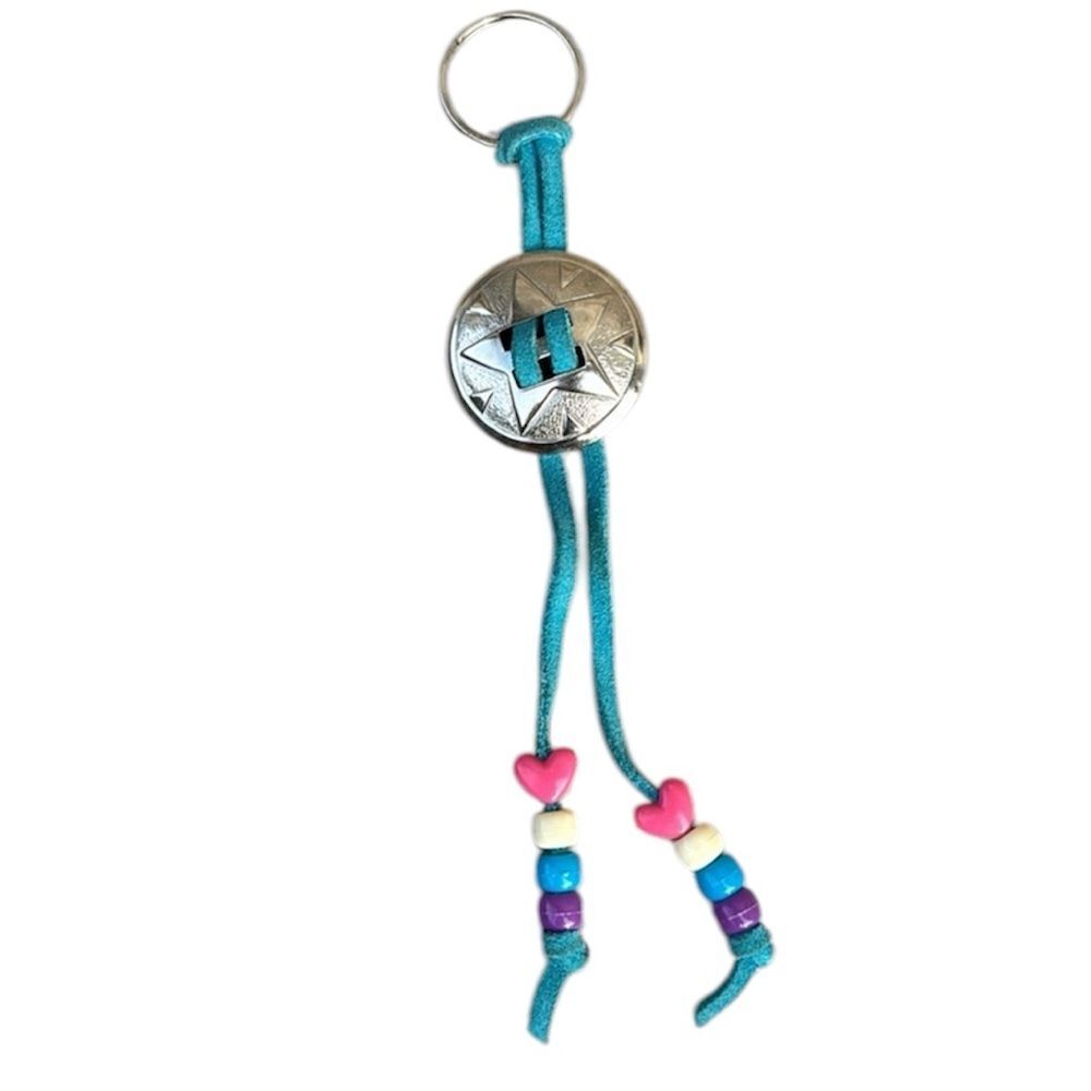 Vintage Concho Blue Turquoise Leather & Heart Beads Western Boho Keychain​